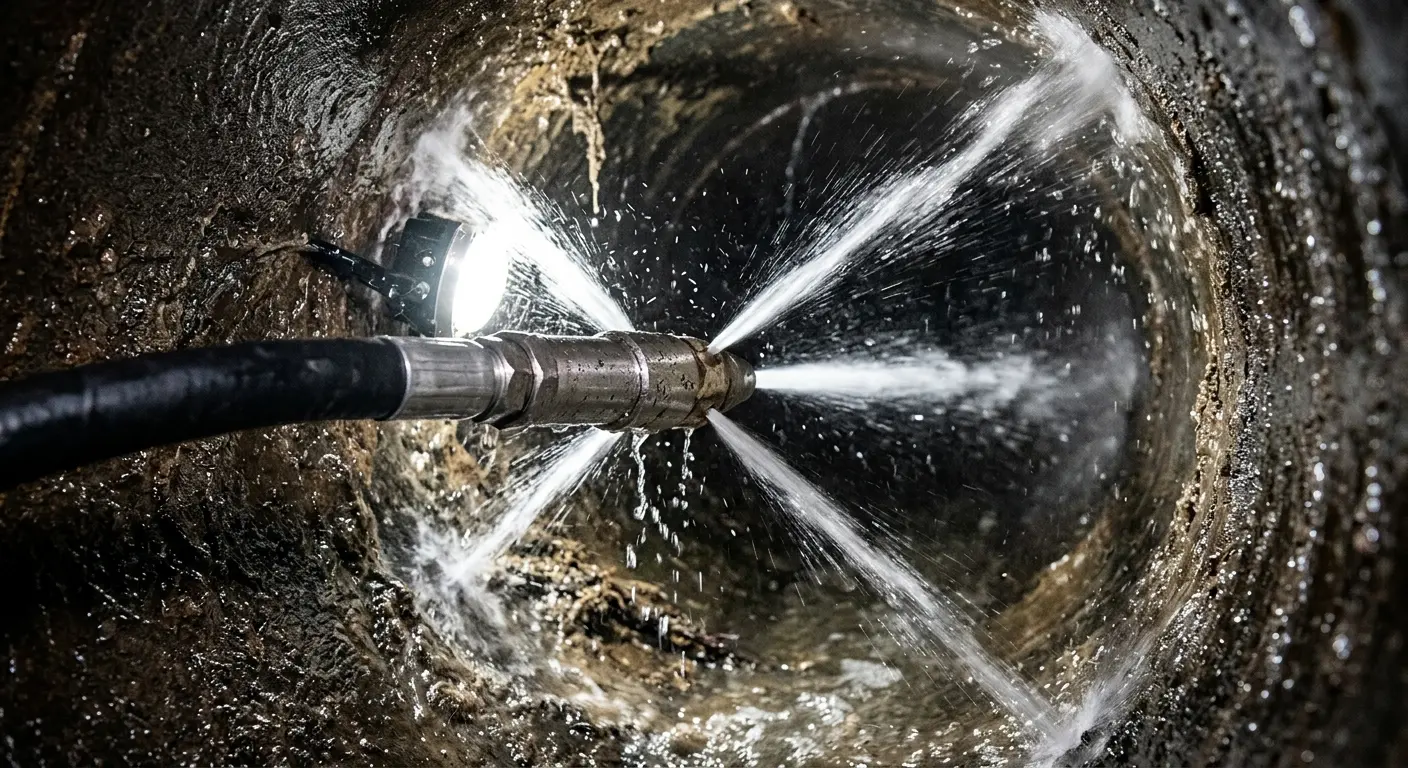 High-pressure hydro jetting nozzle cleaning sewer pipe for Emergency Drain Service in West Pensacola