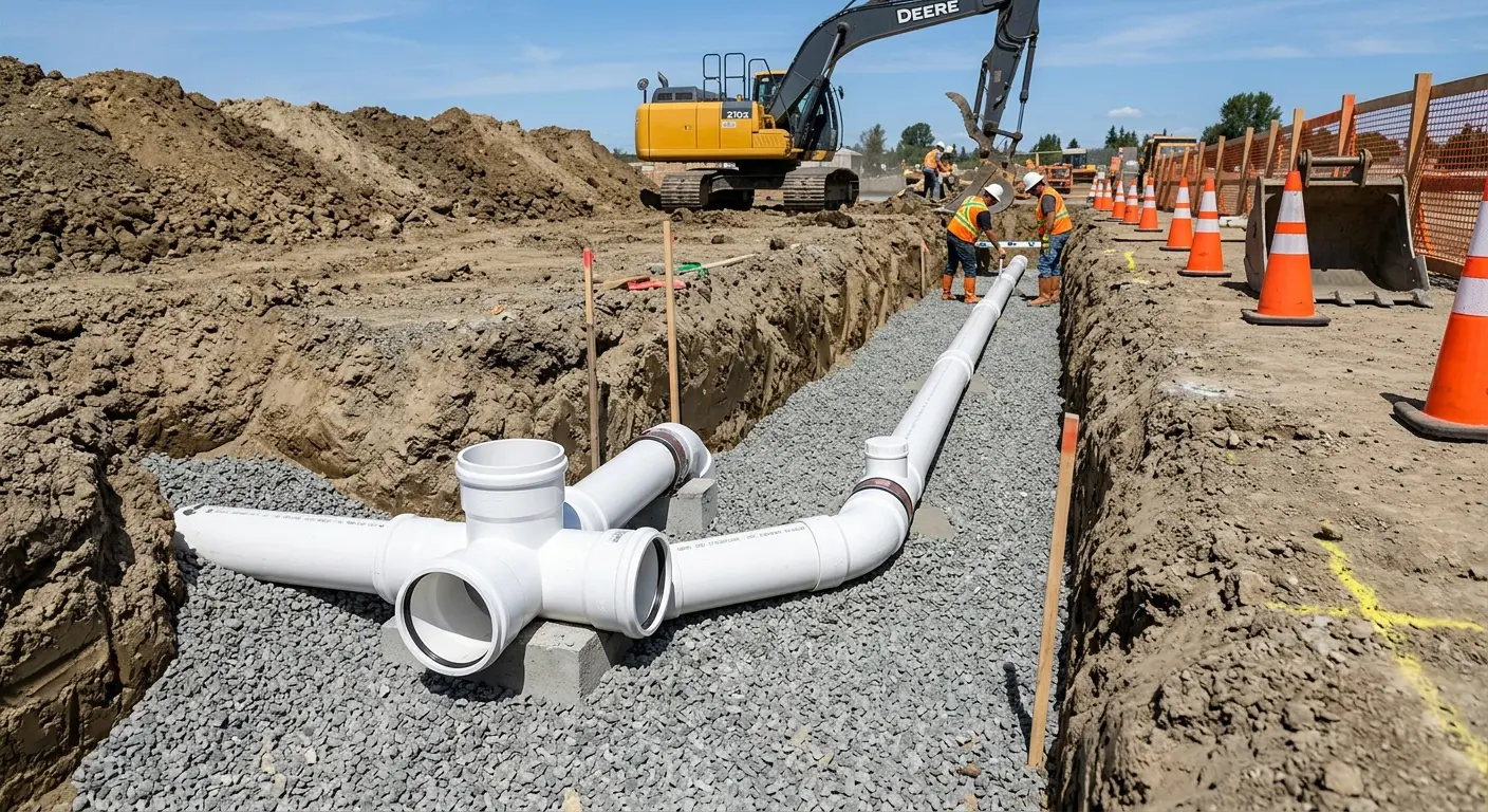 New PVC sewer pipe installation in open trench for Commercial Drain Cleaning in West Pensacola