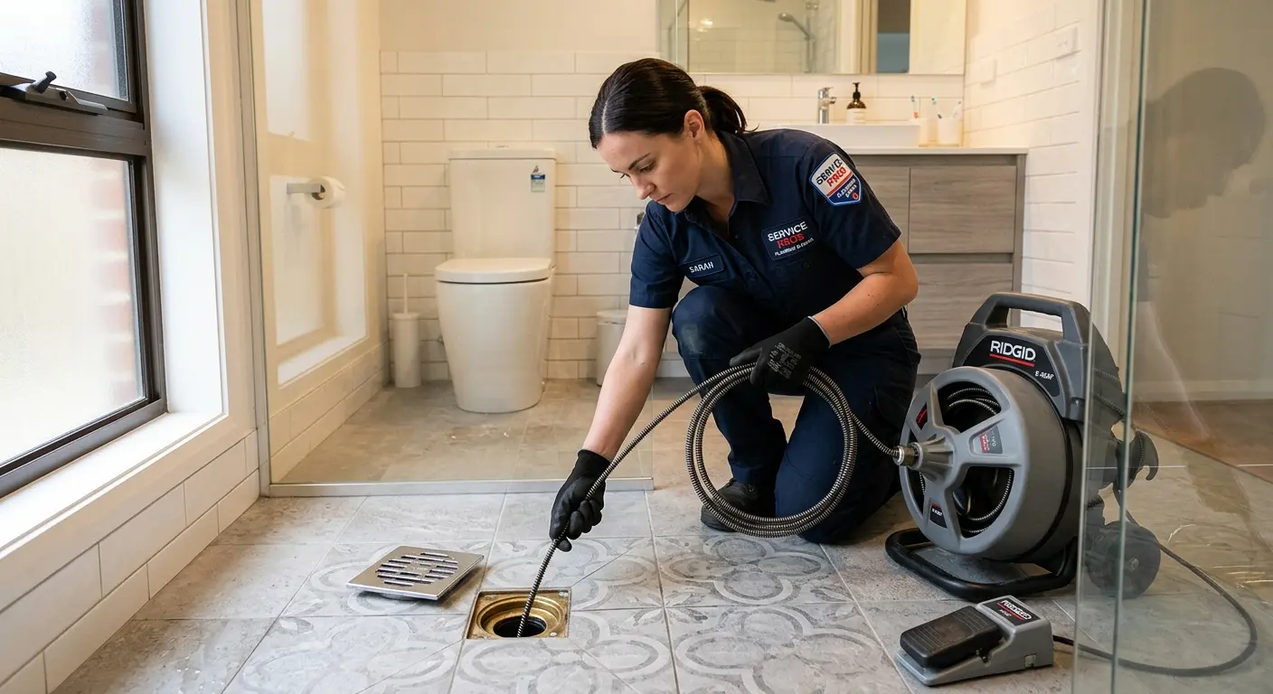 Technician clearing a bathroom floor drain for Hydro Jetting in West Pensacola